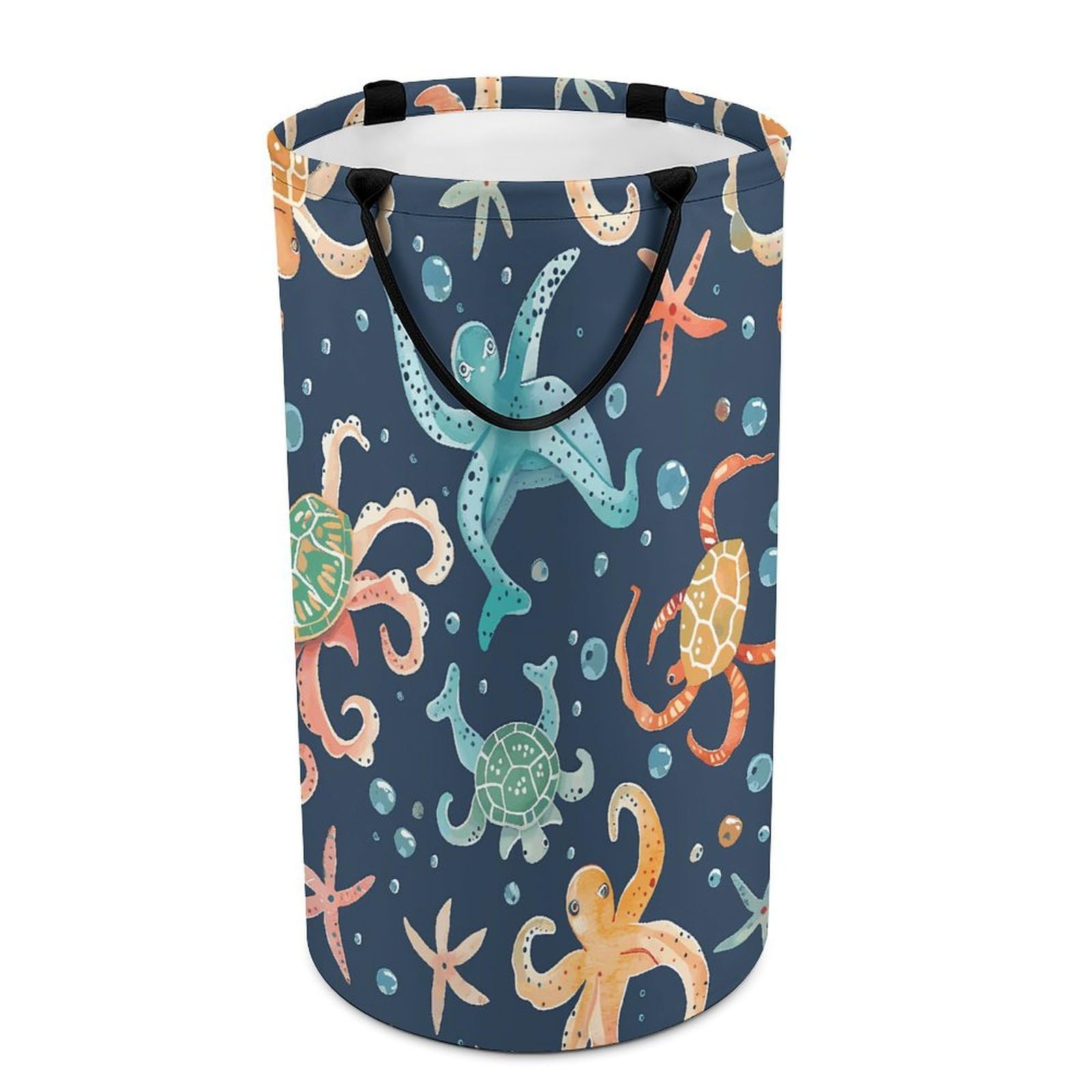 Fodpand Style Turtle Octopus Pattern Ocean Theme Laundry Basket With Handle Foldable Laundry Hamper Narrow Laundry Bag For Bedroom, Bathroom, Laundry Room 15.7X27.2 In