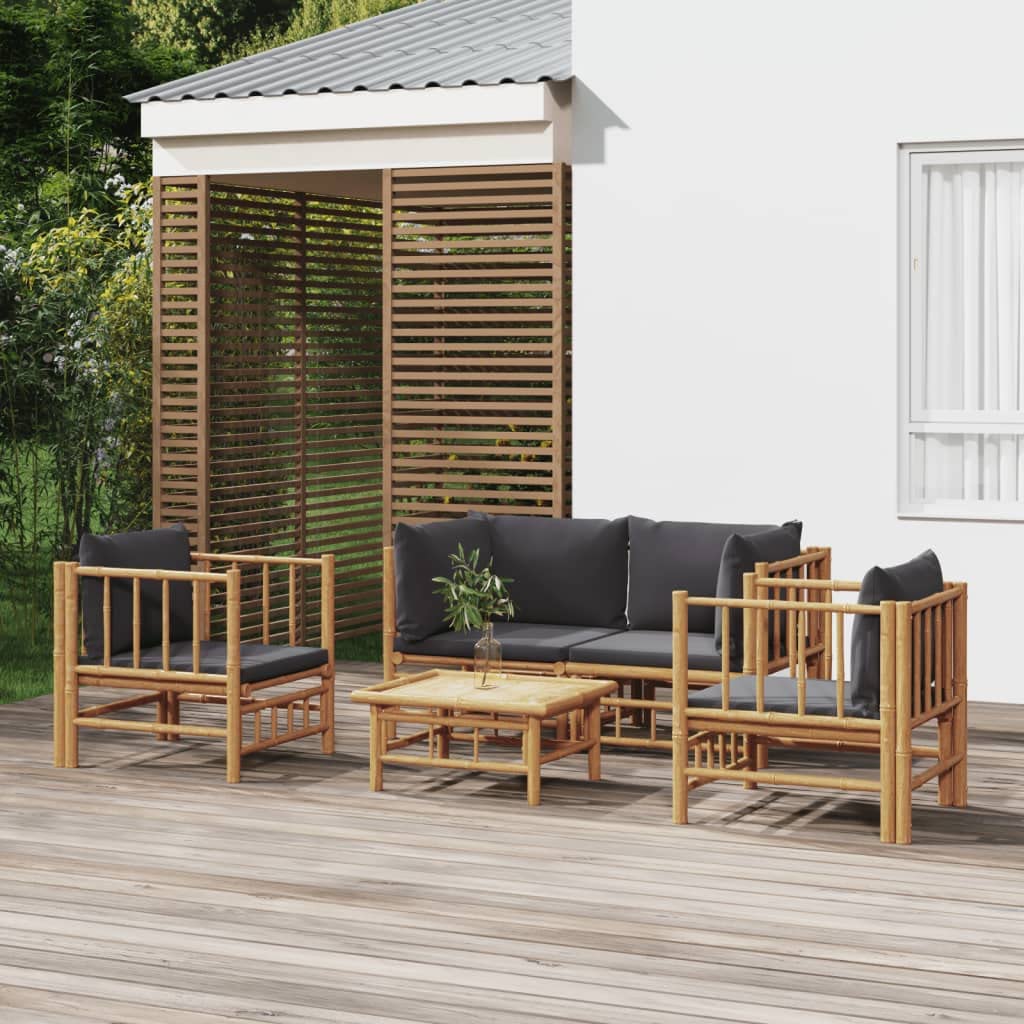 Juego de muebles de jardín de bambú con cojines gris oscuro, incluye sillón y mesa para relajarse al aire libre