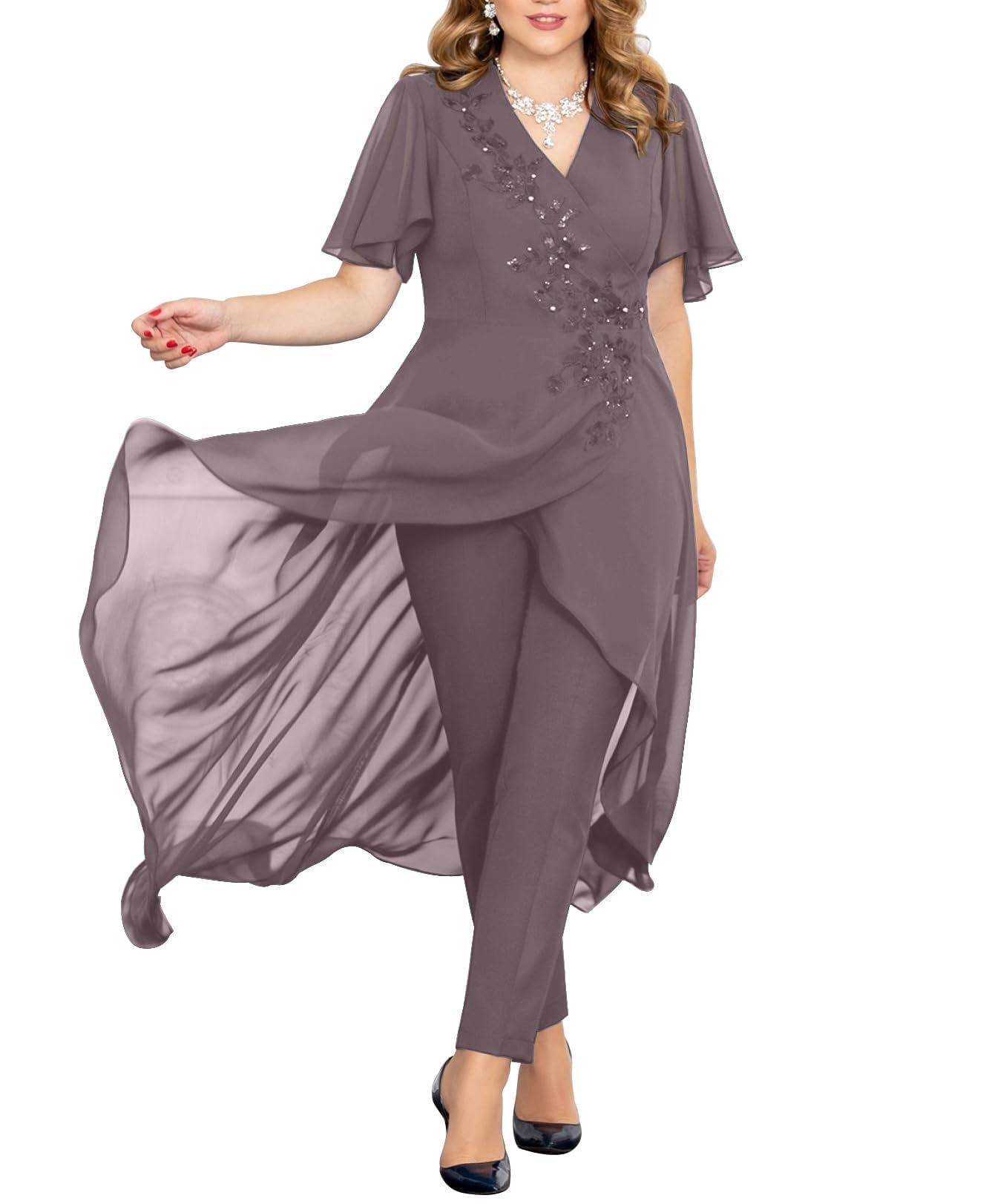 2 Piece Mother of The Bride Pant Suits for Women - Chiffon V Neck Beaded Wedding Guest Formal