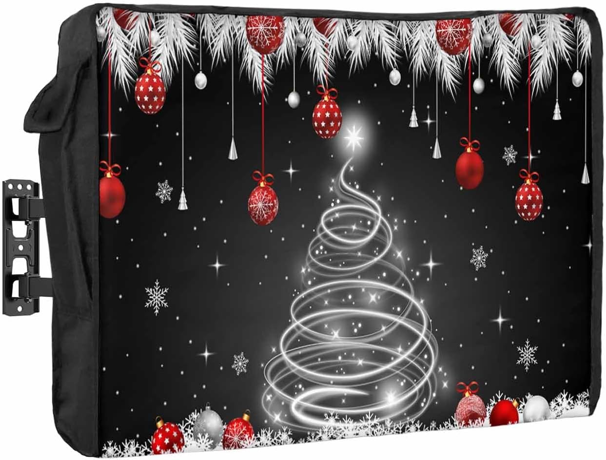 Christmas Snowflake Black Outdoor TV Cover 52"-55" - 600D Waterproof TV Cover Weatherproof TV Screen Protector Dustproof Winter Bells Red Balls Xmas Tree Branch TV Display Protector for Flat Screen TV