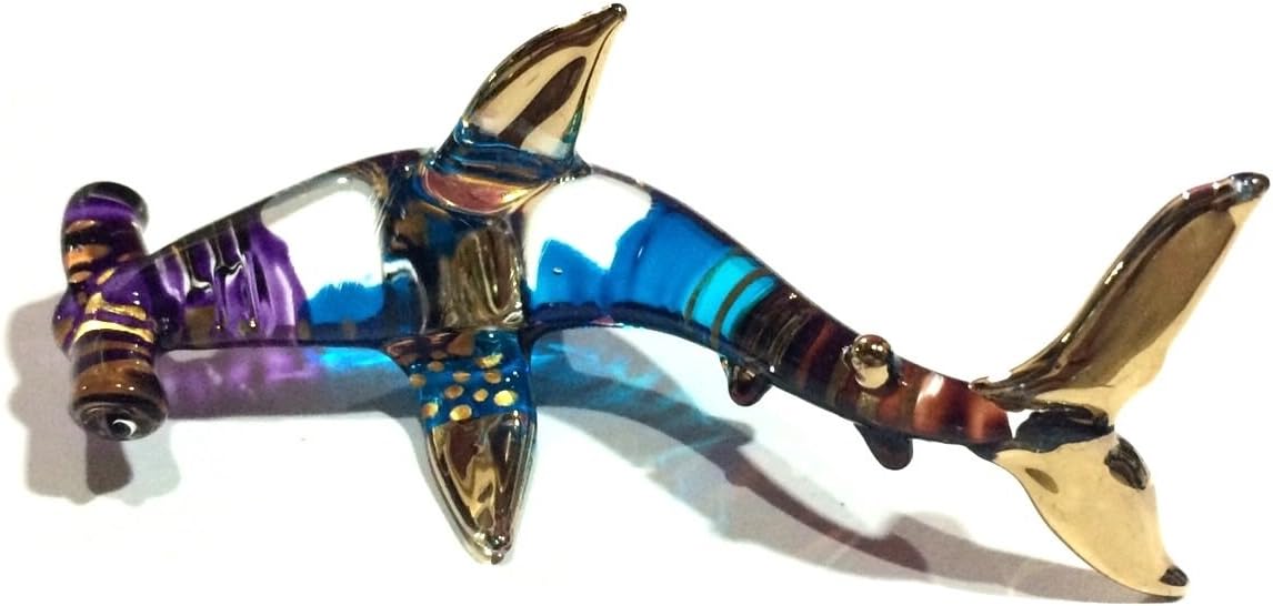 Handmade 3" Hammerhead Shark Art Glass Blown Marine Sea Animal Figurine (Brown, Blue, Purple)