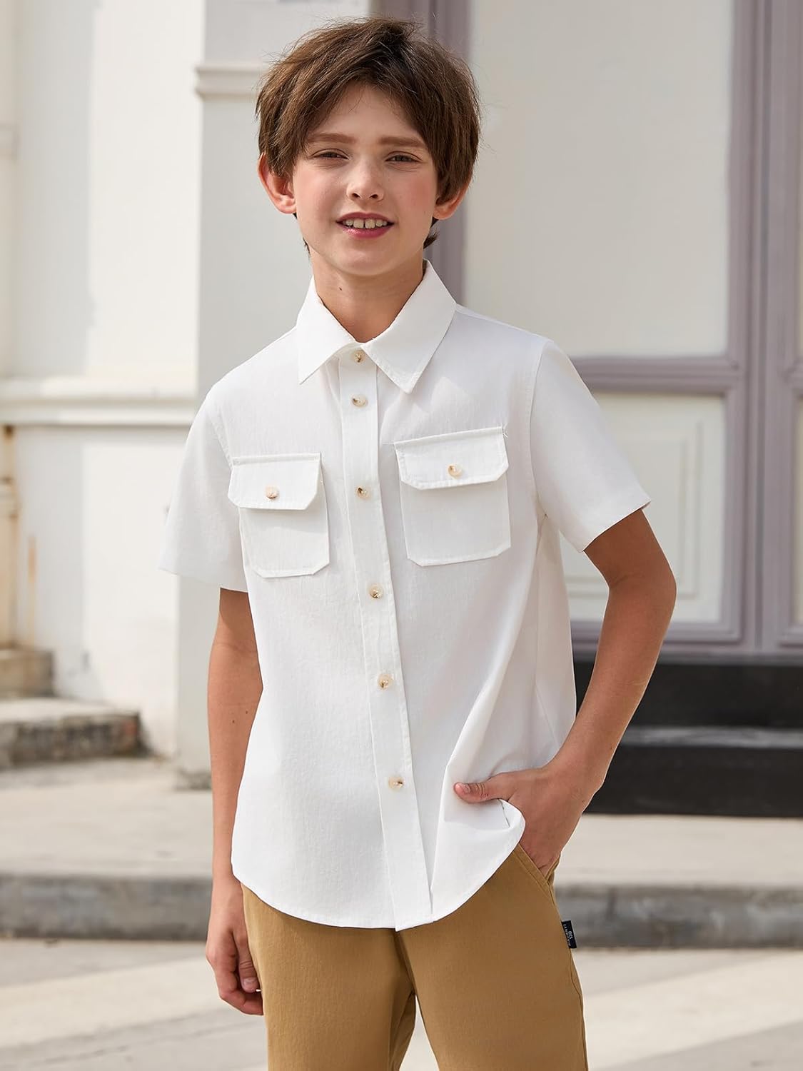 Haloumoning Boys Short Sleeve Button Down Shirt Kids School Uniform Dress Shirts with Chest Pockets 5-14 Years - Image 4