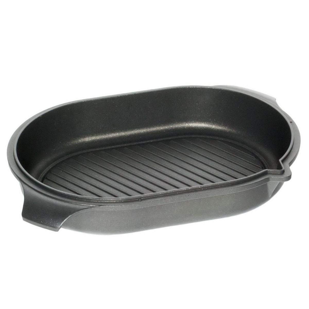 AMT Gastroguss pokrywka do rondla żeliwnego 32 x 22 cm, wysokość 6 cm, może być również używana jako naczynie do pieczenia, z dnem do grillowania, nadaje się do płyt indukcyjnych, powłoka