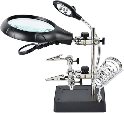 Dandelion Estación de soldadura con lupa de luz LED de 2.5 x 7.5 x 10X, lámpara de escritorio de aumento que ayuda a reparar la mano, pinza de