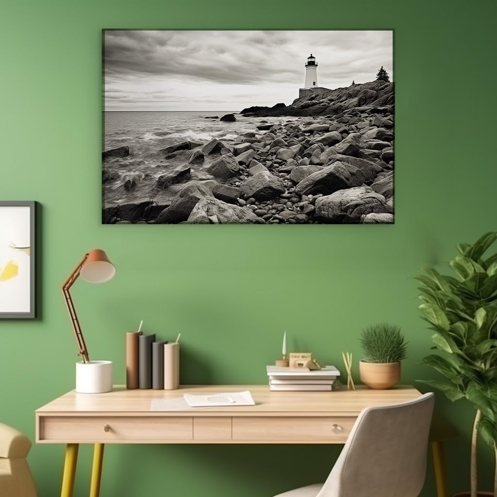 Canvas for Living room. Lighthouse Watch: A Monochrome Masterpiece Capturing Nature's Grandeur, 27 x 18 inch Canvas Wall Art - Contemporary Masterpieces - Modern Home Decor