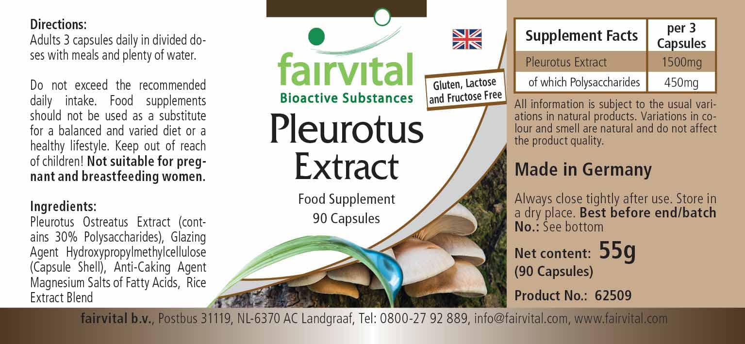 fairvital Estratto di Pleurotus 500 mg, 90 capsule, facili da deglutire, ALTO DOSAGGIO, Pleurotus ostreatus (fungo ostrica), 30% di polisaccaridi, VEGANO