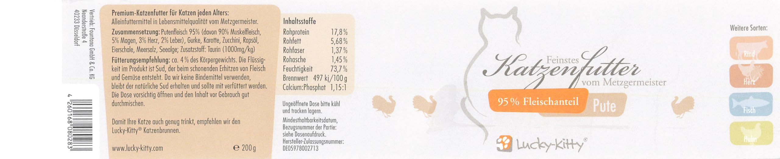 Lucky-Kitty Katzenfutter Nass Pute, 95% Fleisch, Monoprotein, 16x200g | 95% Fleisch, Ohne Getreide & Zucker, Lebensmittelqualität, Keine Zusätze, Made in Germany