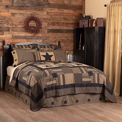 VHC Brands Black Check Star Twin Quilt 68Wx86L Country Rustic Primitive Design Black and Tan