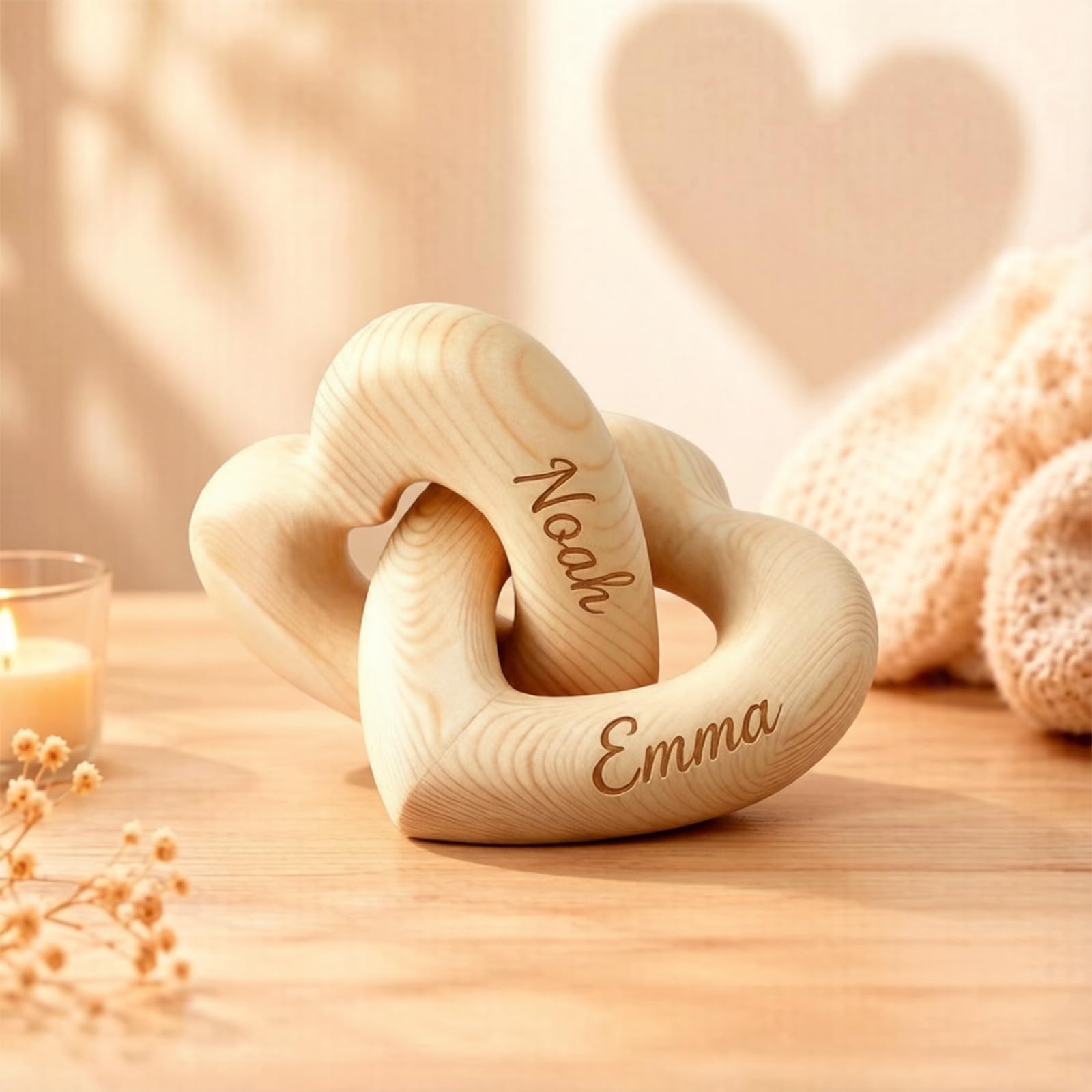 BBNNZ Custom Engraved Wooden Hearts Personalised Couple Name Date Coordinates Romantic Valentine’s Birthday for Her Him Solid Love Symbol Tabletop Ornament (Wood color 1)