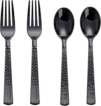 KIRE 400PCS Black Plastic Spoons and Forks Disposable 60PCS Black Plastic Plates