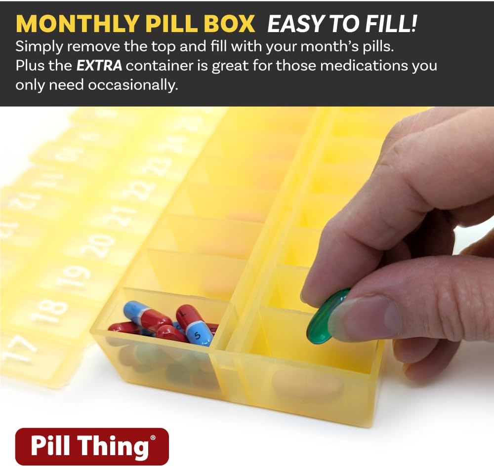 31 Day Monthly Pill Organizer, Once-A-Day Medication Planner with Removable Lid, Large Compartments, 3 Color Set for Multiple People Or 3 Times-Daily Use (3X a Day - Yellow, Clear & Blue)