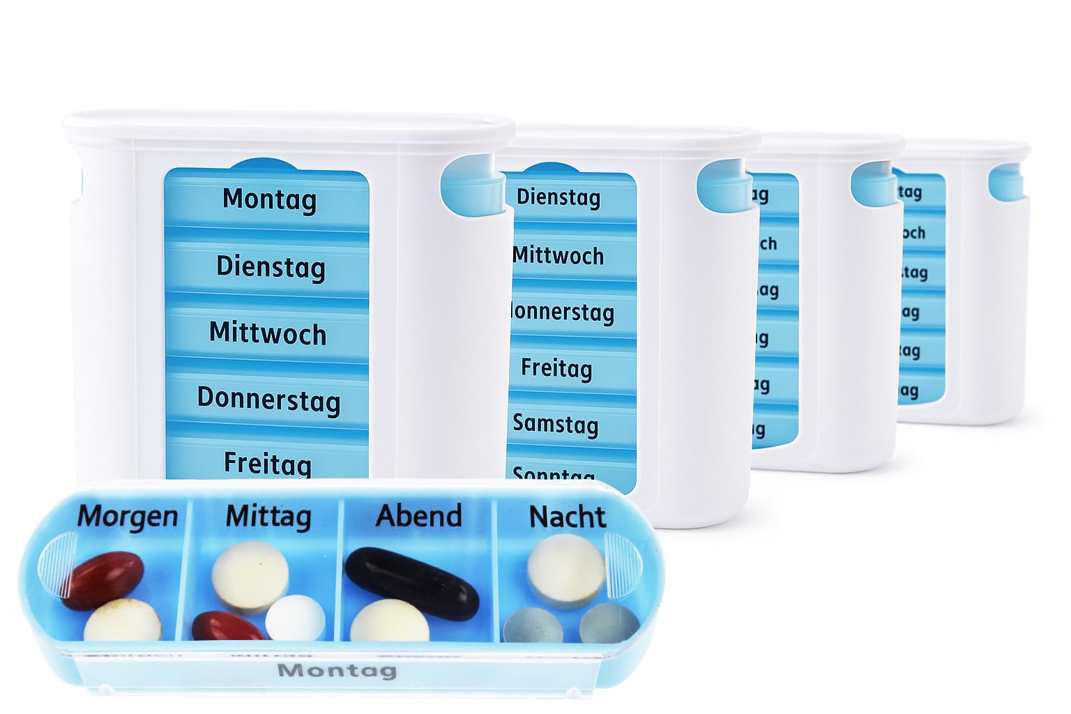 KAMACA 4 er Pack (4 Stück) praktischer Medikamentendosierer 28 Tage mit 4 Fächern pro Tag, Pillendose,Pillenbox, Tablet, Organizer, Tablettenbox, Wochendosierer 1 Monat (4er Set - 4 Wochen)