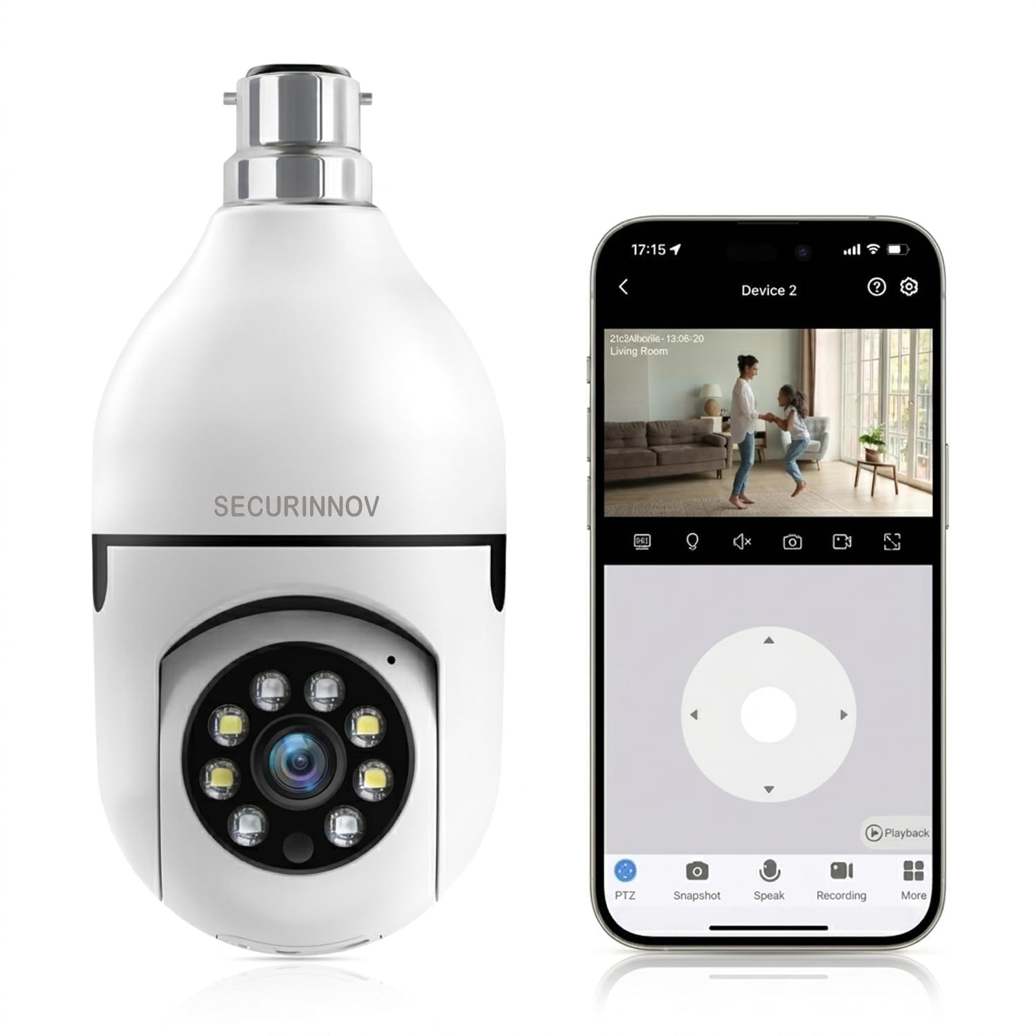 securinnov 3MP WiFi Light Bulb Camera for Home Indoor | 360° View | Color Night Vision | Motion Detection | Two Way Audio | Wireless Home Security Camera with Mobile App V380 Pro (Light Camera)-image-38