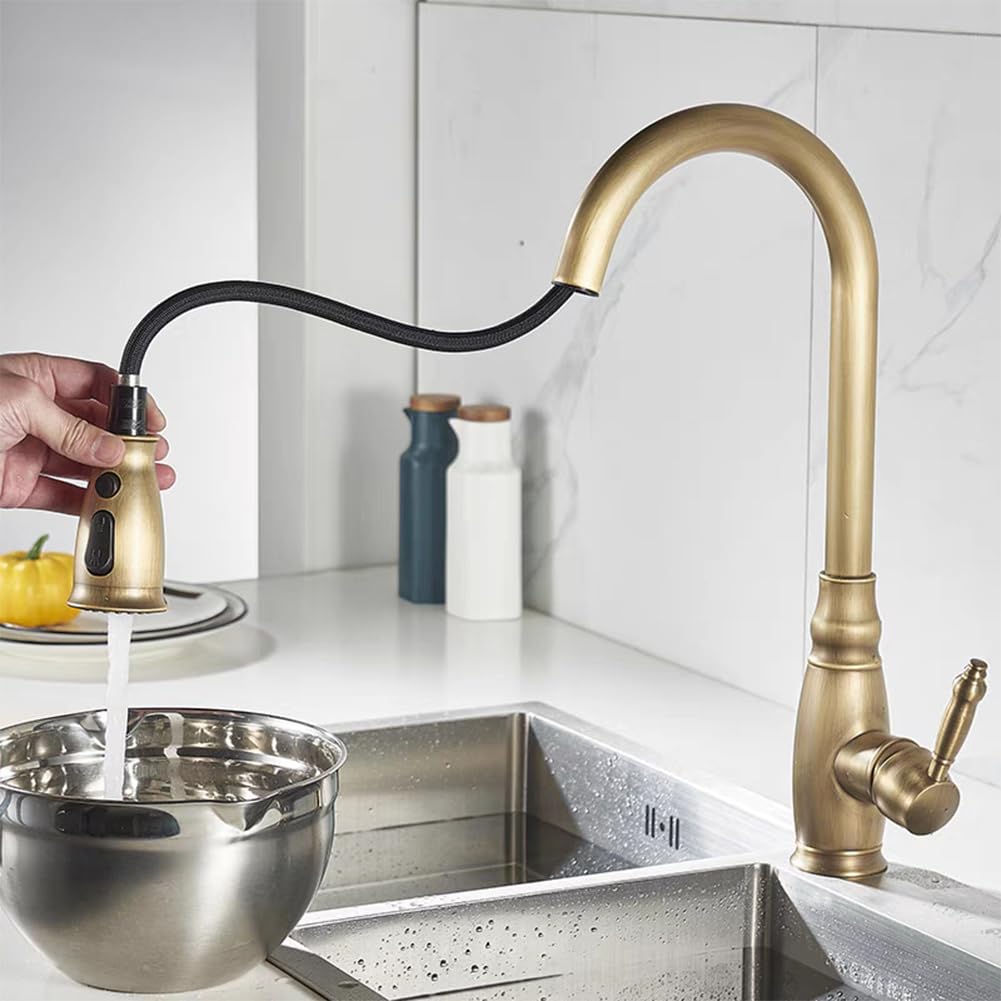 Rubinetto Cucina Rubinetto Lavello Con Doccetta Estraibile, 2 Modalità, Anticato Vintage Stile Girevole A 360 ° Monocomando Ottone Miscelatore Cucina, Rubinetto Lavello Cucina, Bronzo