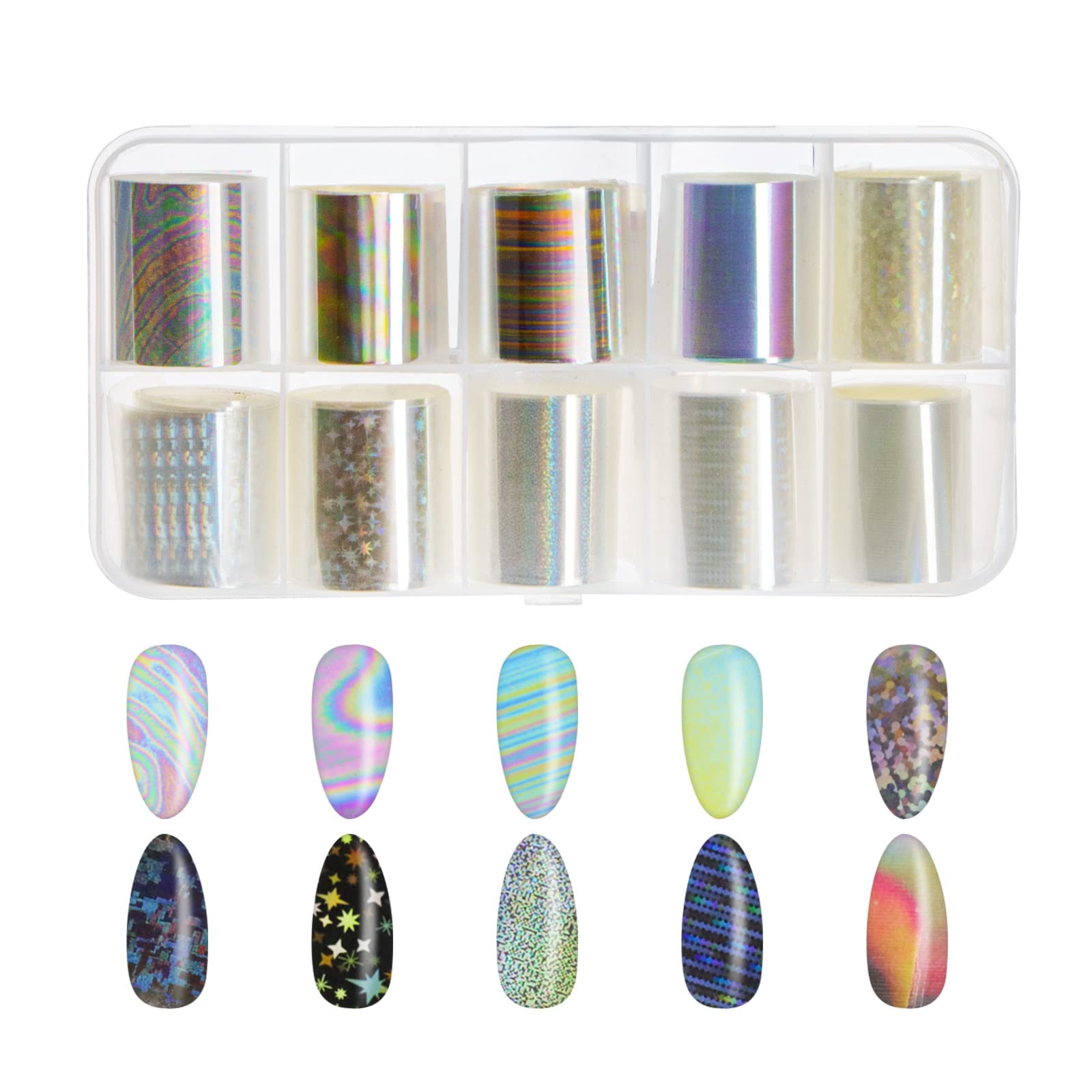 ECSiNG 10 Rolls White Pearl Color Holographic Nail Foil Transfer Sticker Roll Set Nail Art Transfer Glitter Stickers for Nail Art Decoration DIY Salon -Style-B
