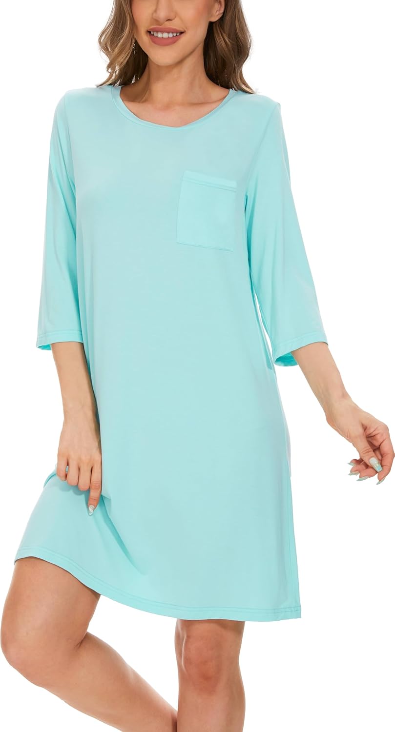GYS Women's Bamboo Viscose Nightgowns Crewneck 3/4 Sleeve Sleepwear Comfy Night Shirt Sleep Dress