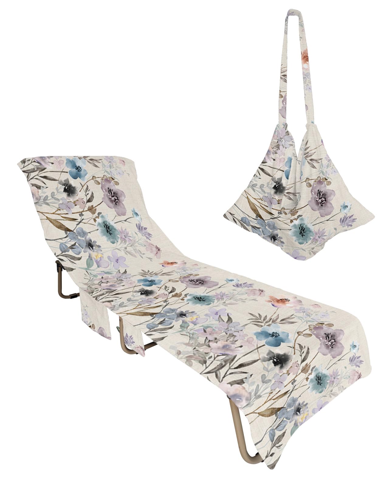 Botanical Flower Beach Chair Towel Covers for Chaise Lounge with Side Pocket, Soft Plush Pool Towels Cover for Patio Sunbathing Outdoor 29''x85'' Farmhouse Watercolor Plant Leaves