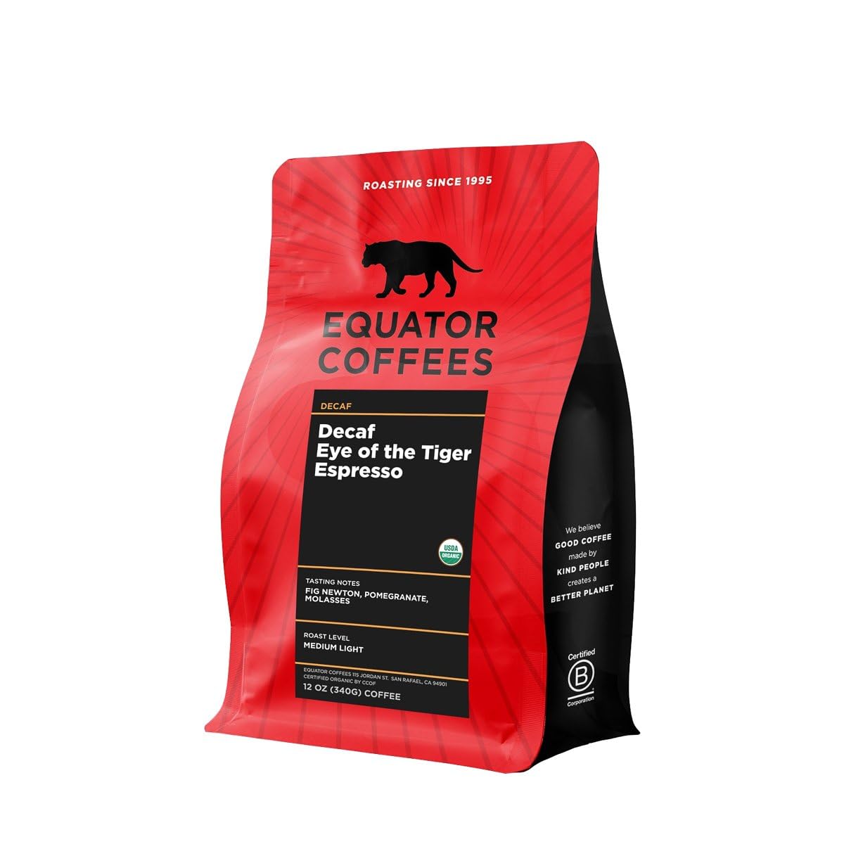Decaf Eye of the Tiger Espresso – Roasted by Equator Coffees – Whole Bean Coffee – 12 Ounce Bag