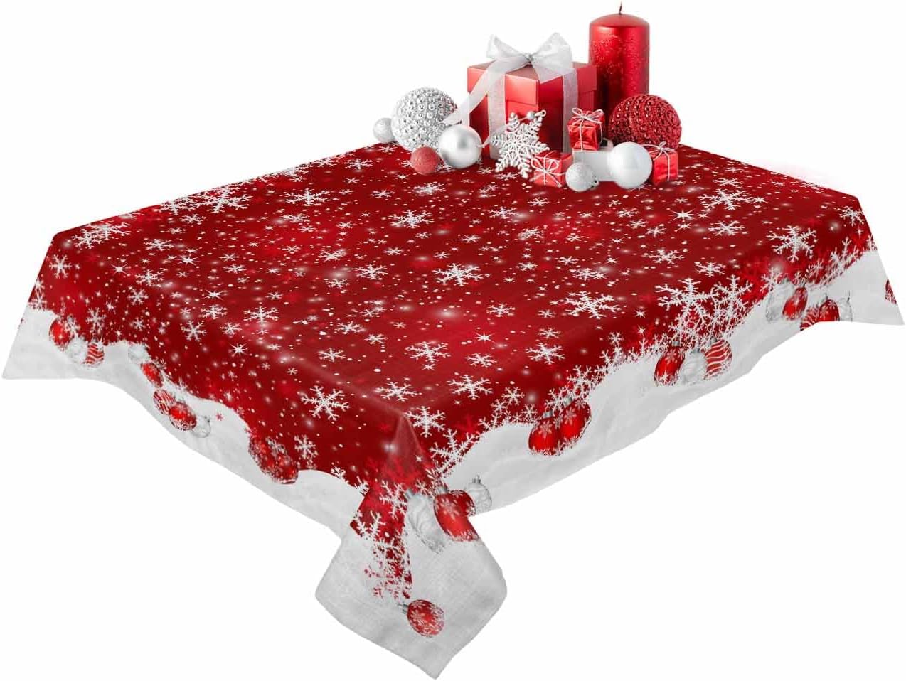Christmas Tablecloth Christmas Balls Table Cloth Waterproof Red Snowflake Tablecloths Rectangle Kitchen Table Cover for Dinner Picnic Xmas Holiday Party Indoor Outdoor Christmas Decor 60x84