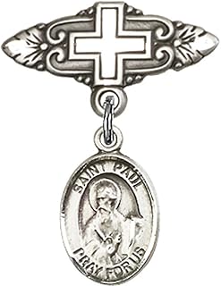 Sterling Silver Baby Badge with St. Paul the Apostle Charm and Badge Pin with Cross 1 X 3/4 inches
