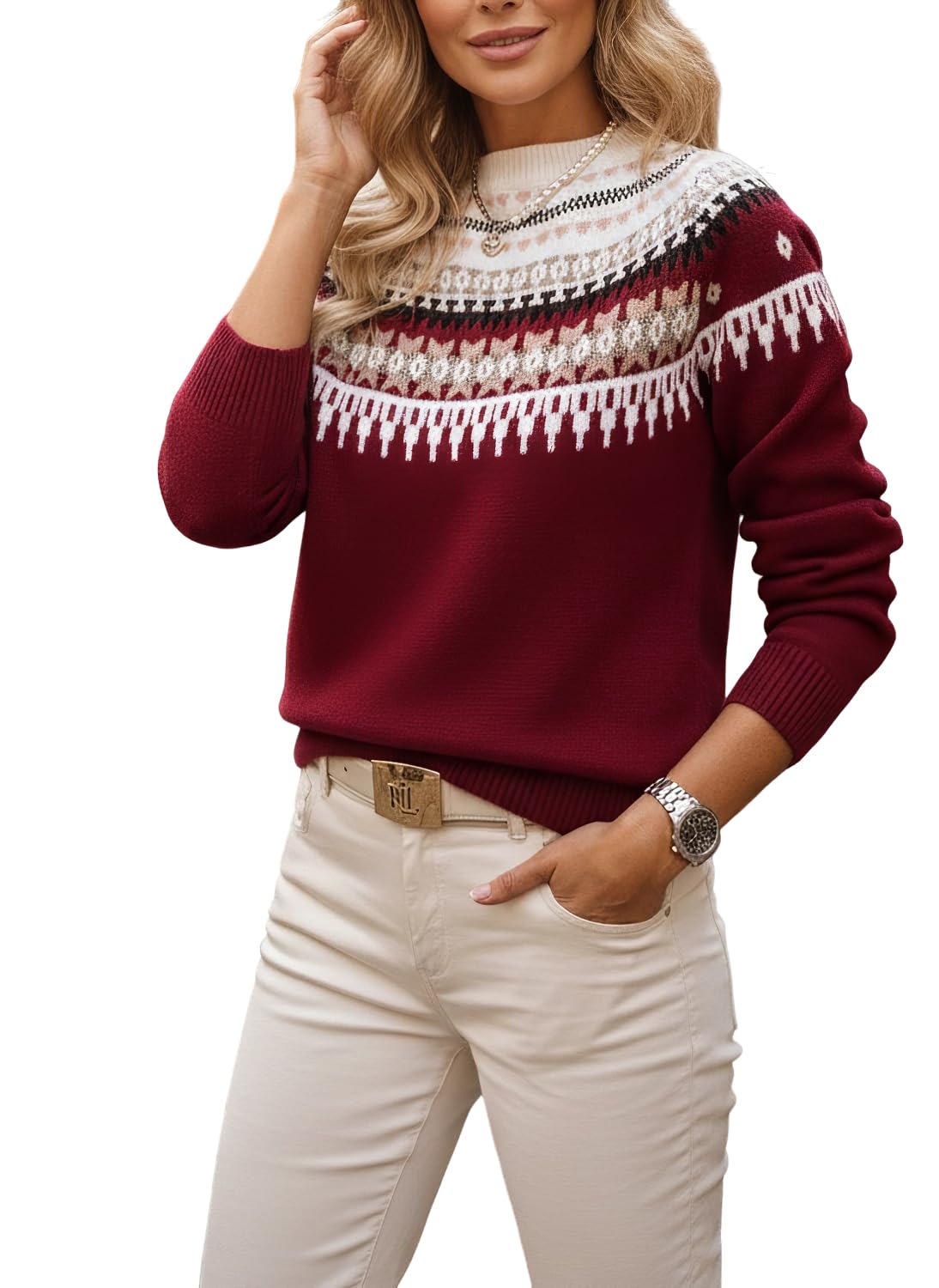 Womens Fair Isle Knit Sweater Long Sleeve Crew Neck Nordic Seasonal Patterns Winter Pullover Tops