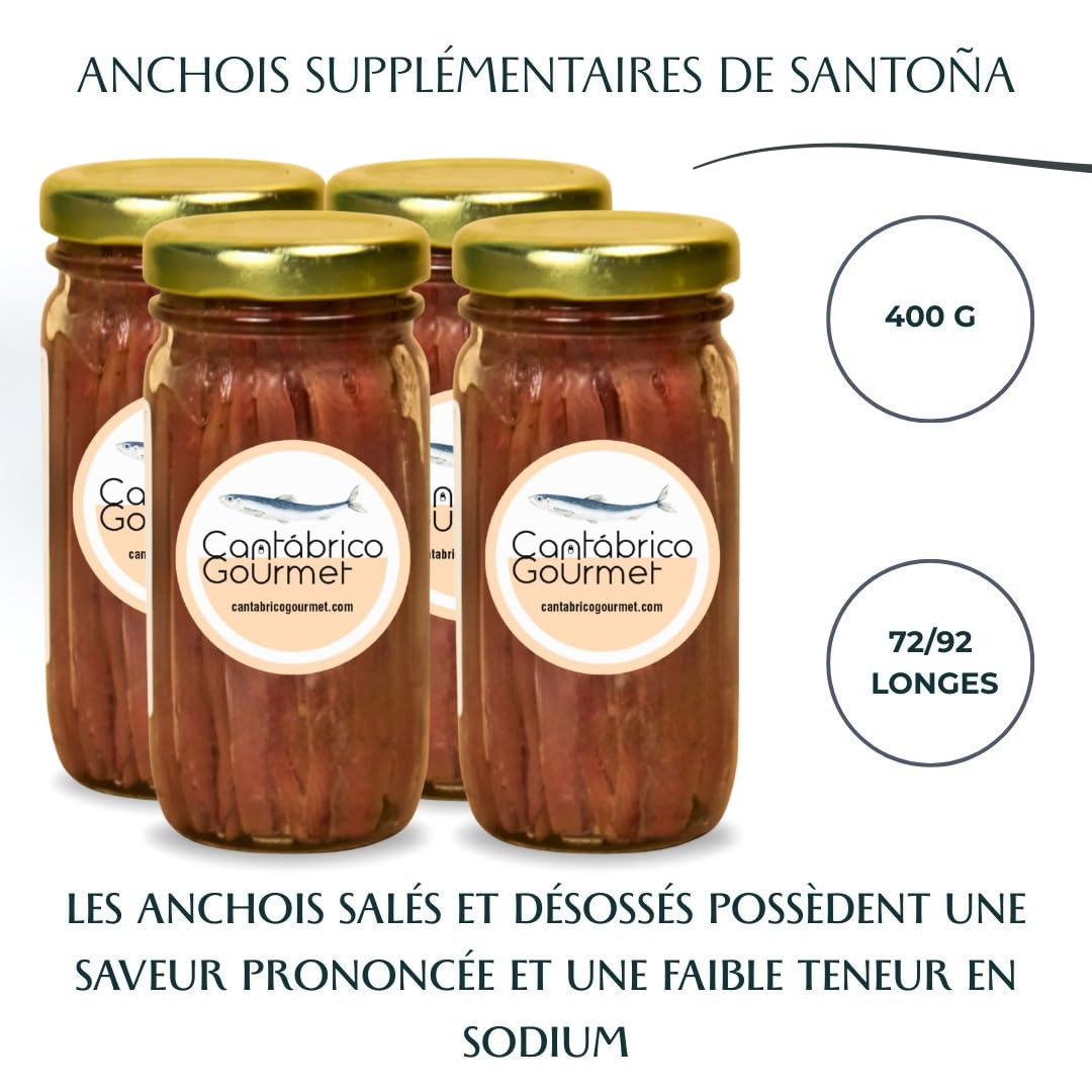 Anchois de Cantabrie Cantabrico Gourmet | Pack de 4 bocaux en verre (400 g) (64/80 filets) | Élaboration artisanale avec des anchois de Santoña