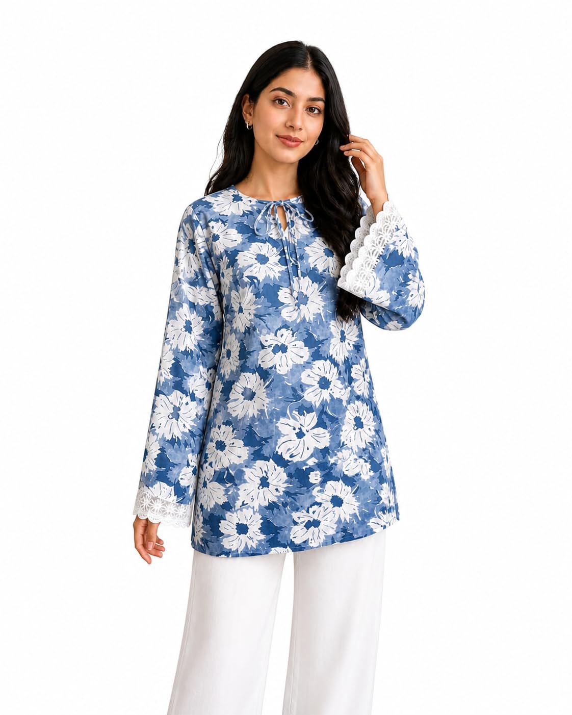 Women Floral Printed Kurti Top with Lace Sleeves | Casual Ethnic Tunic for Women | Stylish Kurta Top-picture-41