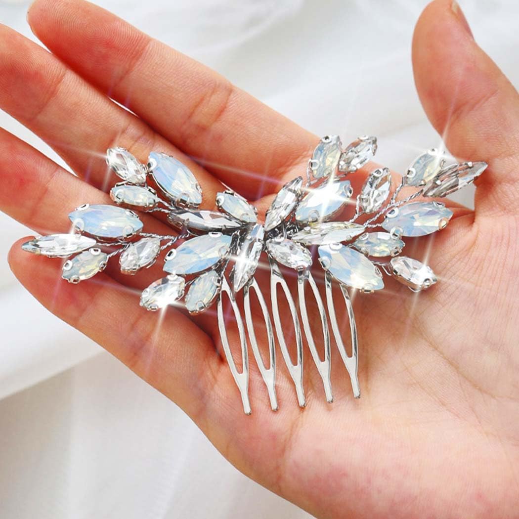 Unicra Silver Bride Wedding Hair Comb Opal Crystal Headpiece Rhinestone Bridal Hair Combs Accessories for Women and Girls - Image 2