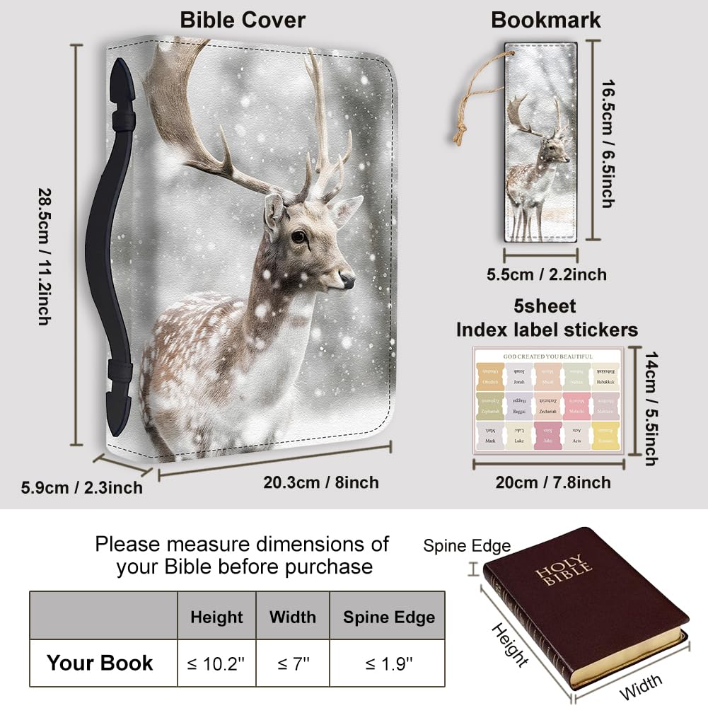 Hobbspring Bible Holder Case for School Office Deer Bible Protective with Handle Bookmark Snow Scene Bibles Cover with Zipper and Label Stickers for Students Adults Grey PU Leather Bag - Image 2