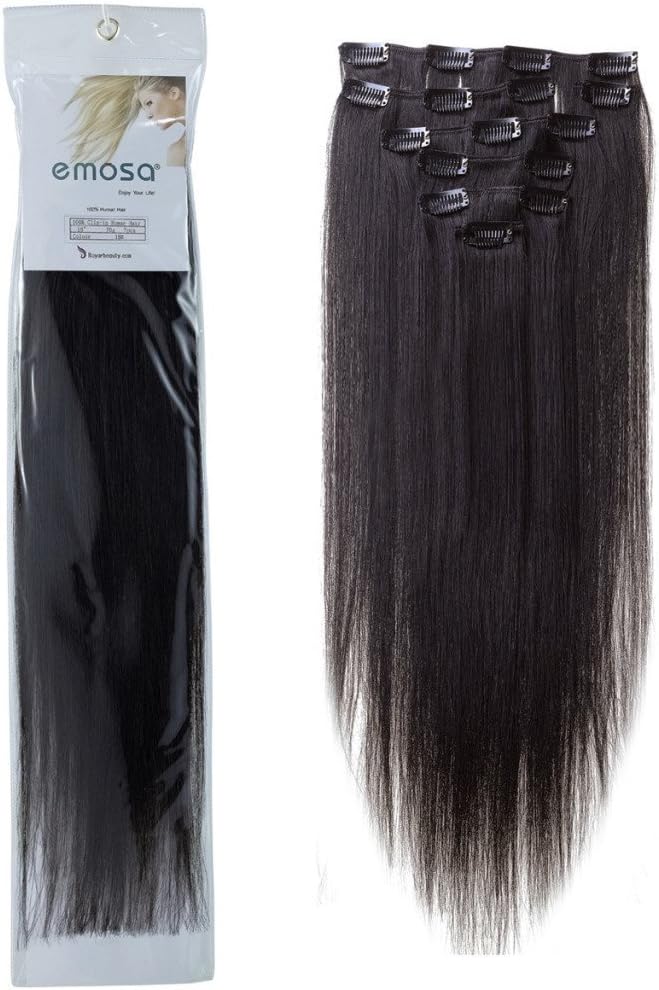 14" Silky Straight 100% Human Hair Clip On In Extensions 6 Piece Set Color 1B Off-Black