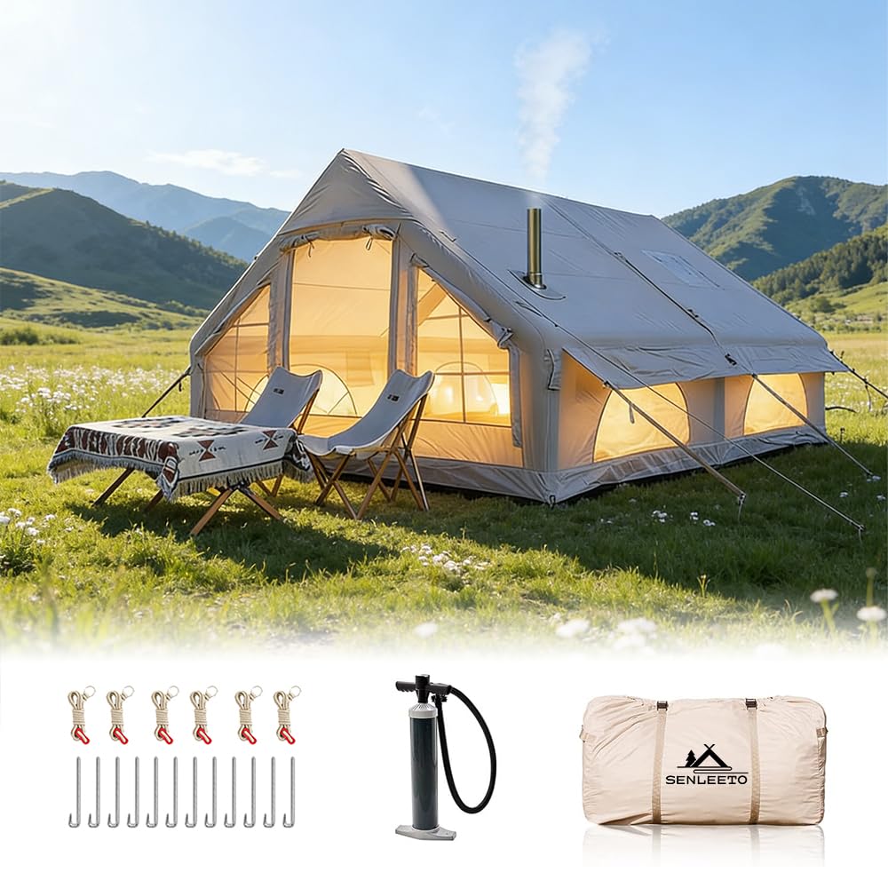 Photo 1 of 13' x 10' Large Inflatable Tent 8-10 Person, 4 Season Blow Up Tents for Camping with Stove Jack, Easy Setup Inflatable Hot Tent Hand Pump, Waterproof & Sunproof Glamping Hiking
