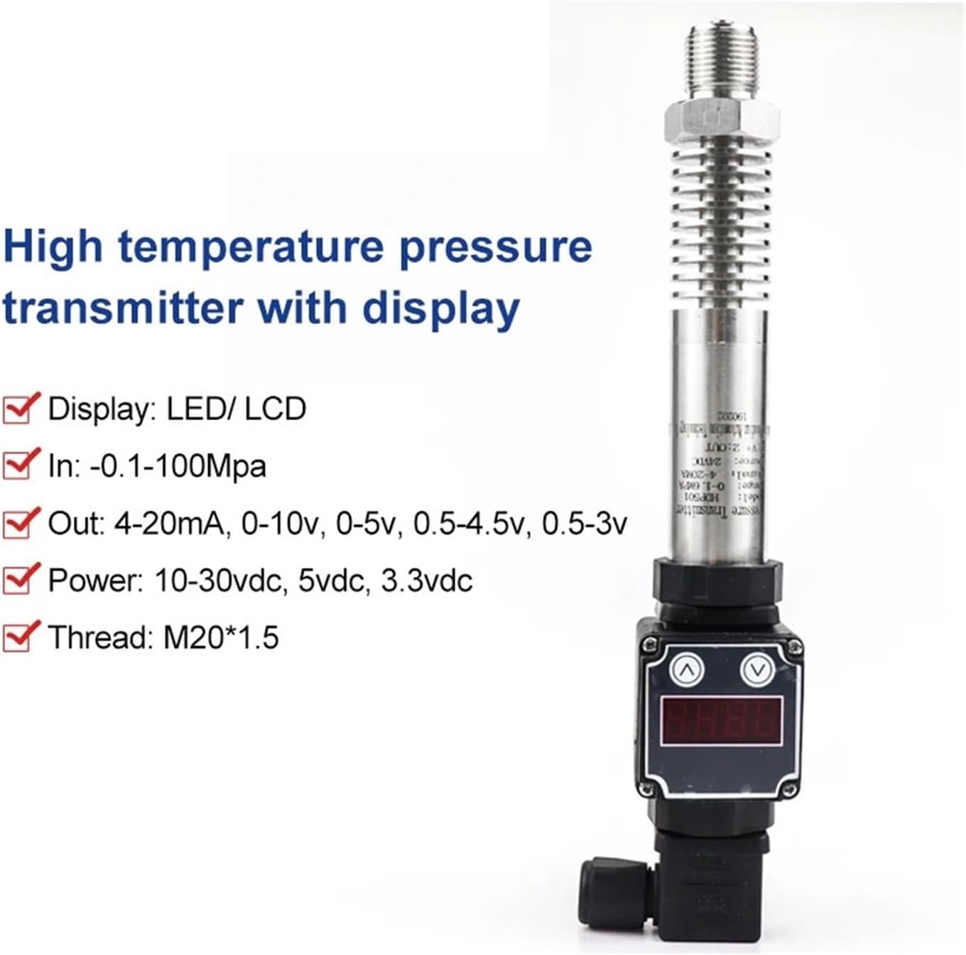 Pressure Sensor Temperature Transducer 4-20mA Output M20*1.5 Thread DC24V with LCD Display(0-100Kpa 0-10V)