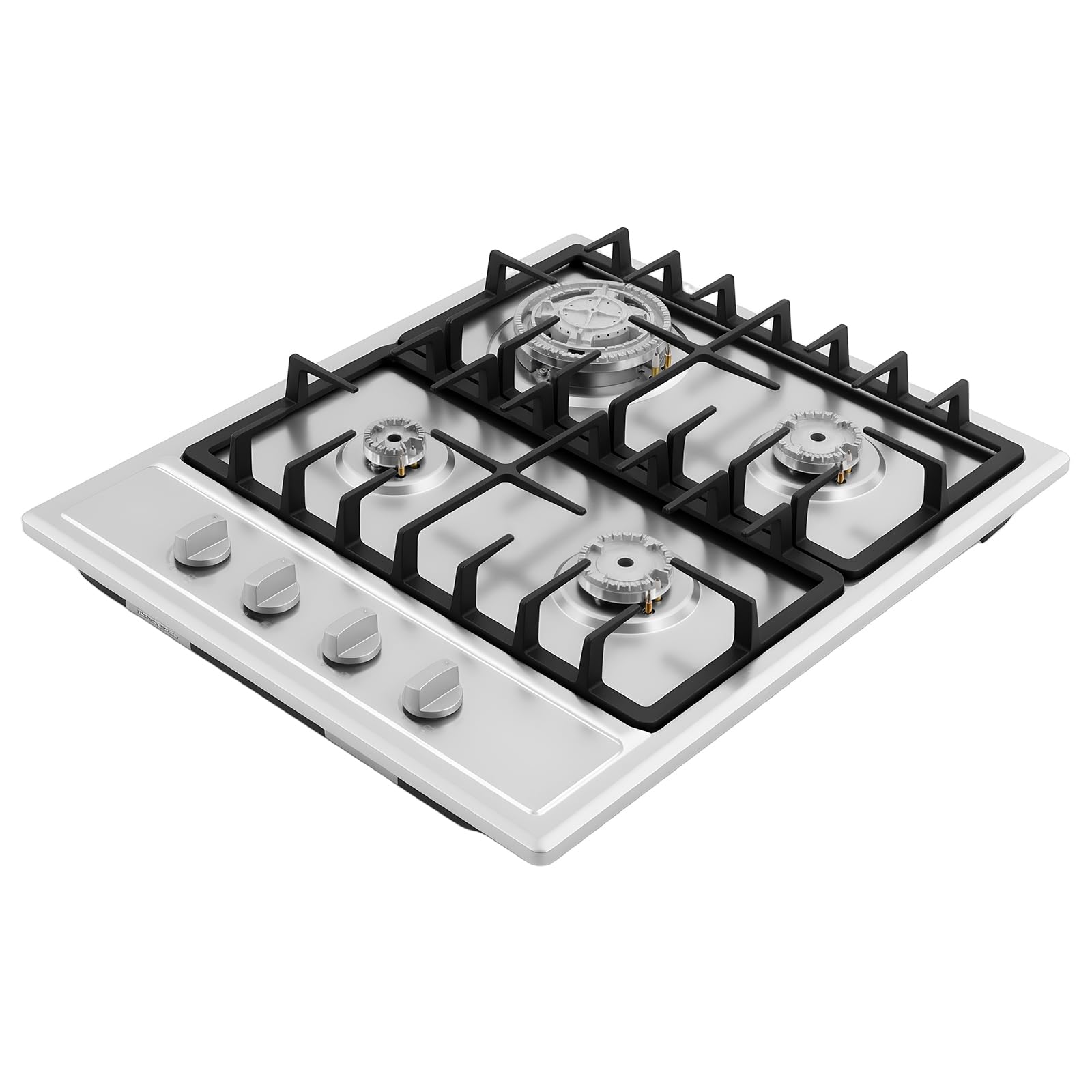 Cocina de gas de 4 fuegos de acero inoxidable 3,0 kW + 1,75 kW + 1,0 kW, placa de cocción integrada con soportes de hierro fundido, gas natural 59 x 51 cm, cocina de gas empotrable, cuatro quemadores