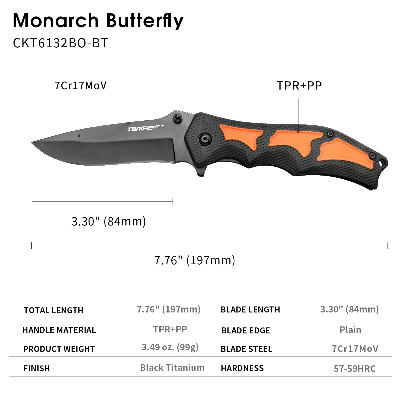 TONIFE Farfalla Monarca Coltello da tasca Coltello pieghevole con acciaio 7Cr17MoV Manico in TPR+PP e clip da tasca per il campeggio all'aperto