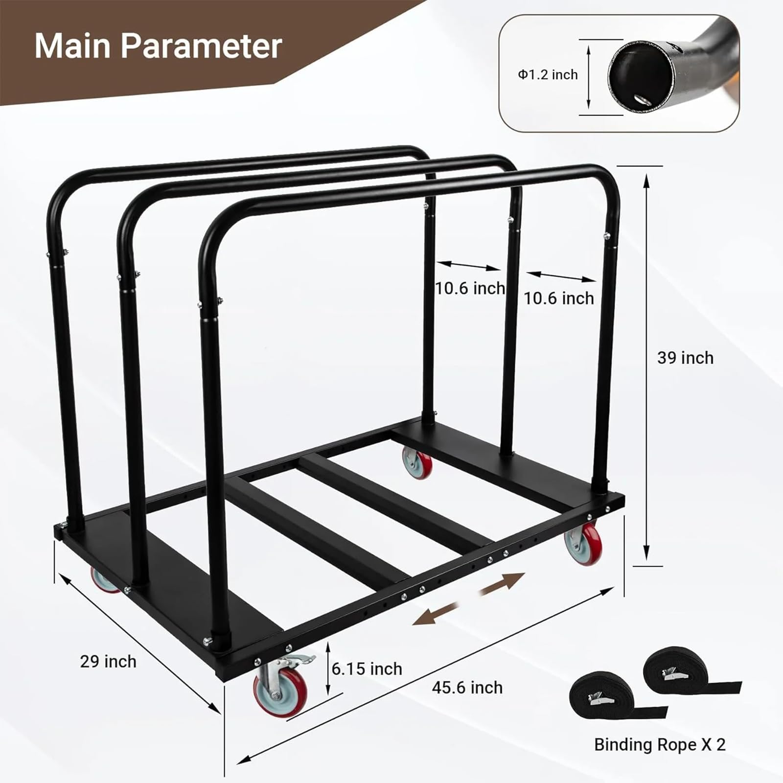 Garvee Chariot pliable porte-panneaux professionnel – Capacité 1800 lbs, roues PU pivotantes 5", pour plaques de plâtre, bois, contreplaqué, Idéal entrepôt et atelier, 46x29 Pouces, ajout de 2 sangles