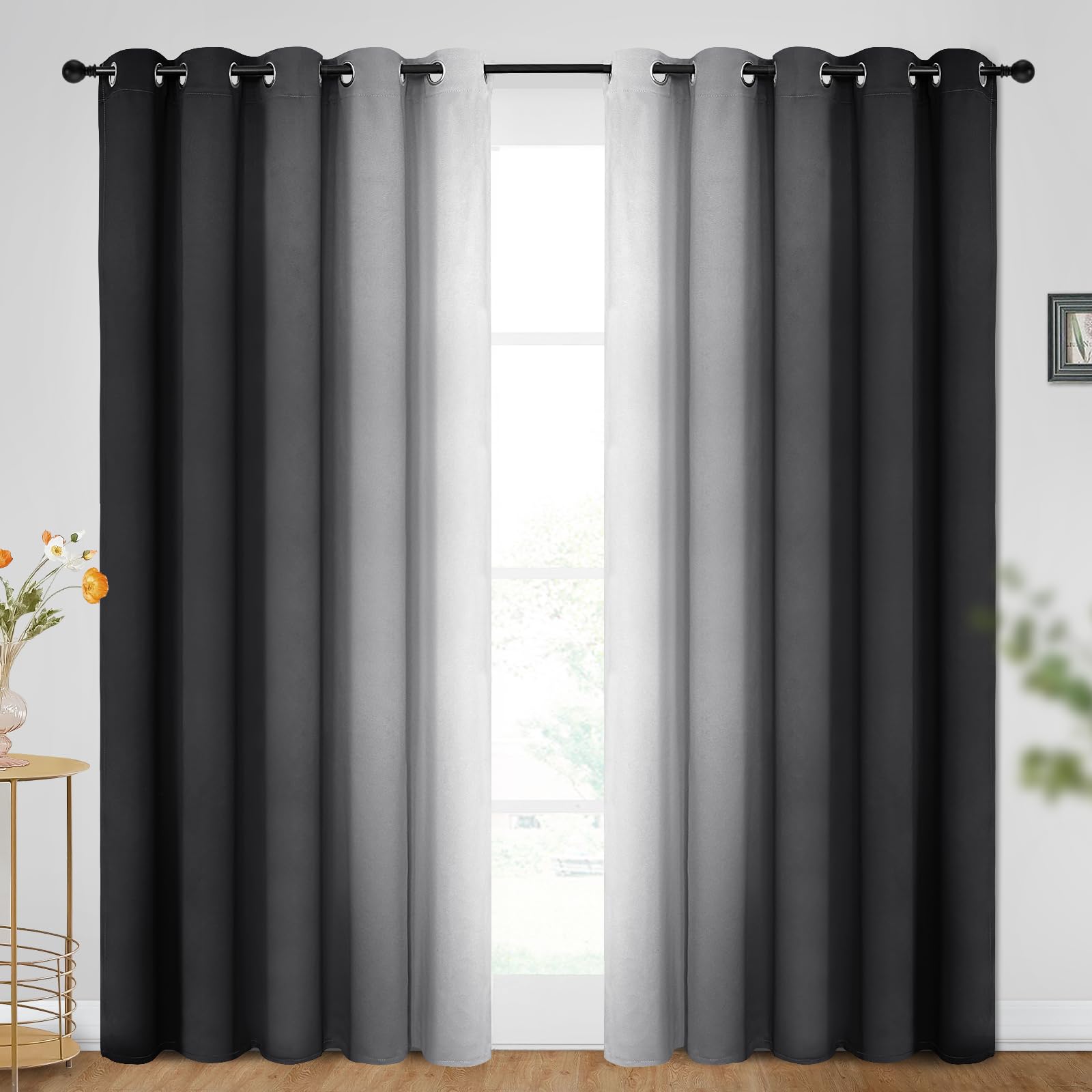 SimpleHome Ombre Room Darkening Curtains for Bedroom, Gradient Black to Grey White Light Blocking Thermal Insulated Grommet Window Curtains/Drapes for