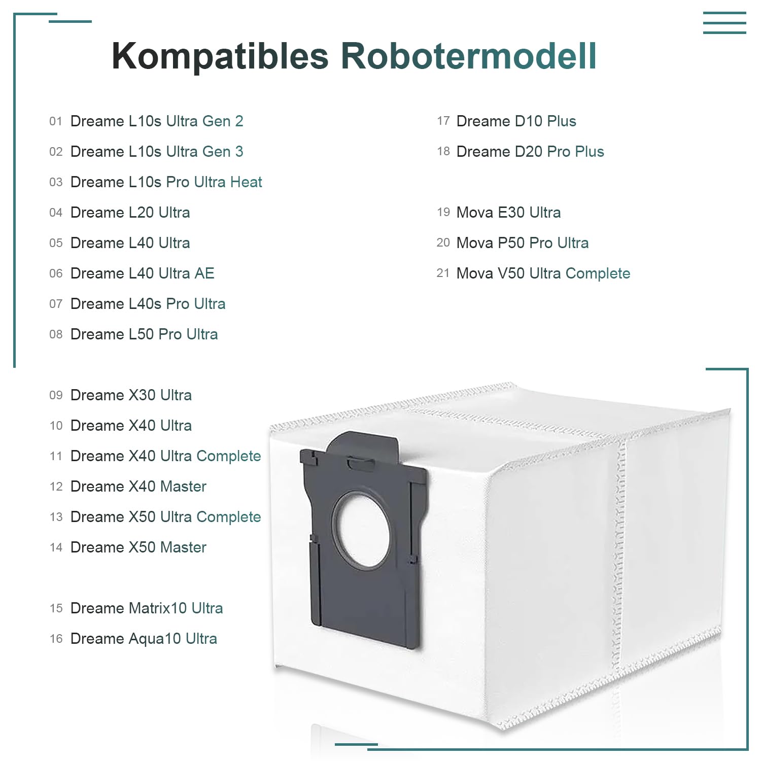 16 sztuk worków na kurz, części zamienne do Dreame X40/X50 Ultra Complete, D20 Pro Plus, L40 Ultra AE/L50/L40s Pro Ultra, L10s Ultra Gen 2/Gen 3, L10s/L20/L40/L50/Aqua10 Ultra, Mova E30/V50