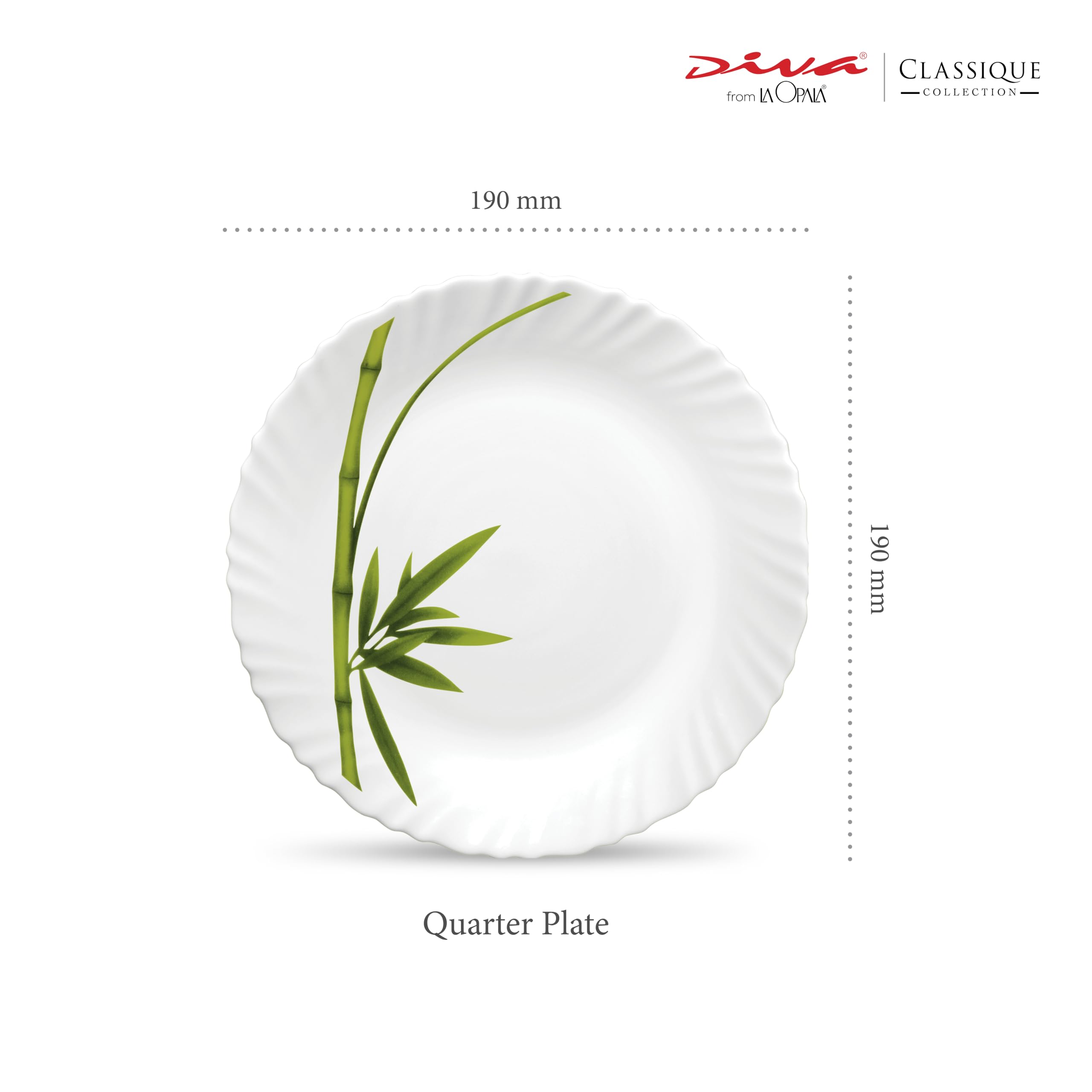 La Opala Diva Classique Collection Opal Glass Crockery | Quarter Plate Set of 6 | Fluted Green Design | for Snacking & Gifting | Microwave Safe | 100% Vegetarian | Extra Strong | Light & White 1