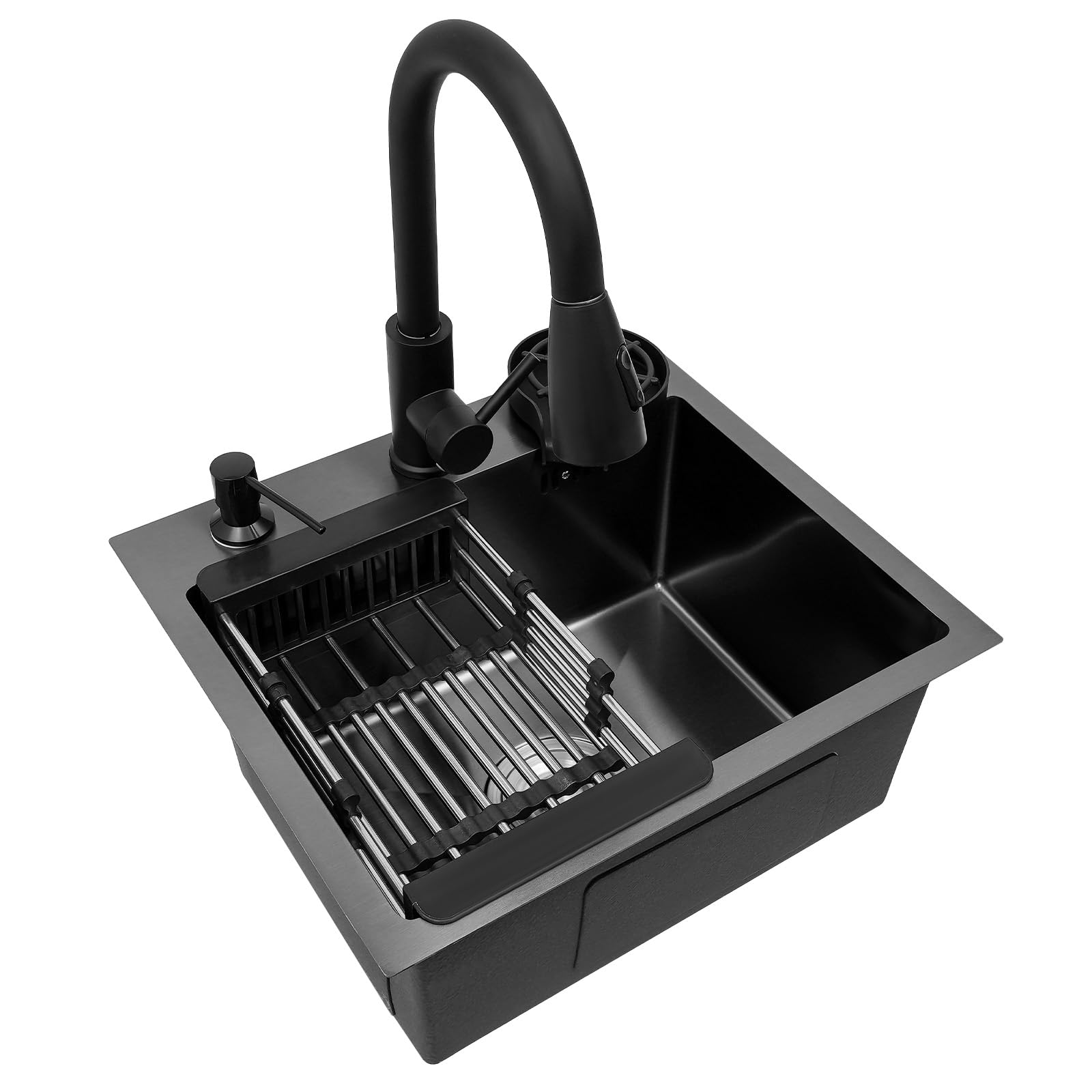 Fregadero de 45 x 40 cm de acero inoxidable, fregadero negro con grifo extraíble y enjuague para tazas, fregadero de cocina multifuncional de 1 seno, fregadero empotrable, incluye diseño de drenaje en