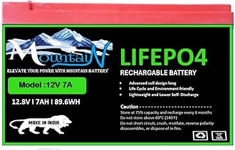 Mountain LiFePO4 12V 7Ah Deep Cycle Battery, 89.6WH Rechargeable Battery with BMS, 2000+ Cycles