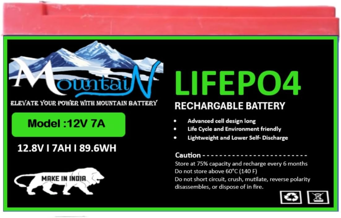 Mountain LiFePO4 12V 7Ah Deep Cycle Battery, 89.6WH Rechargeable Battery with BMS, 2000+ Cycles