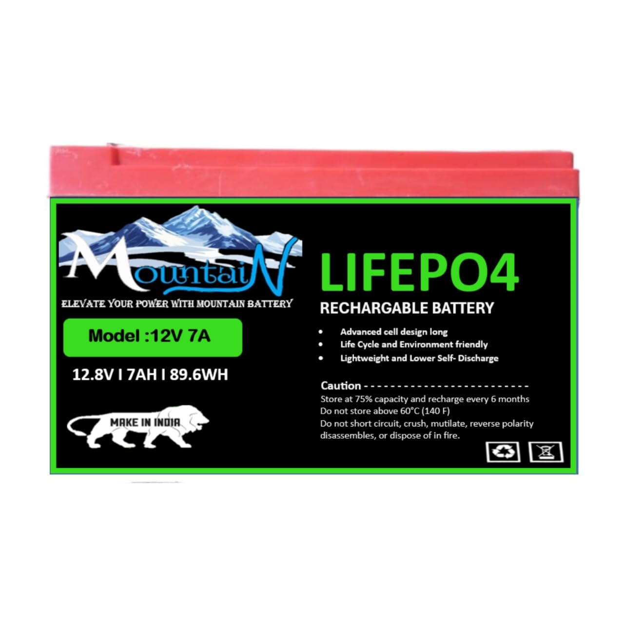 Mountain LiFePO4 12V 7Ah Deep Cycle Battery, 89.6WH Rechargeable Battery with BMS, 2000+ Cycles