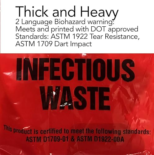 Miniatura 5 de Resilia Medical - Bolsas de peligro biológico, eliminación de residuos peligrosos, cumple con las normas DOT ASTM para uso hospitalario, rojo, 25