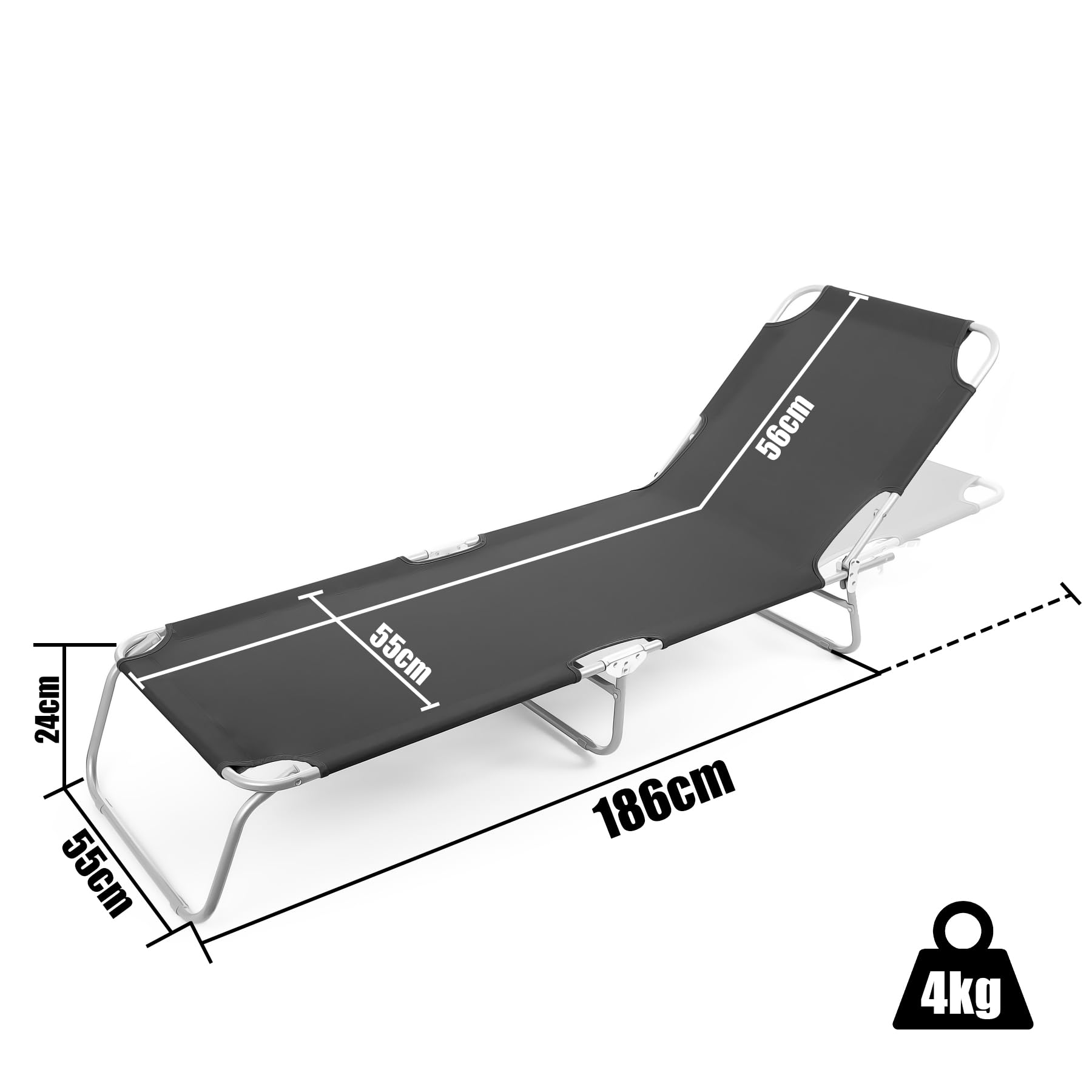 BigDean Sonnenliege klappbar 150 kg belastbar mit 4-Fach Verstellbarer Rückenlehne – hochwertige Gartenliege für Balkon, Garten & Strand - Klappliege Strandliege Liege schwarz