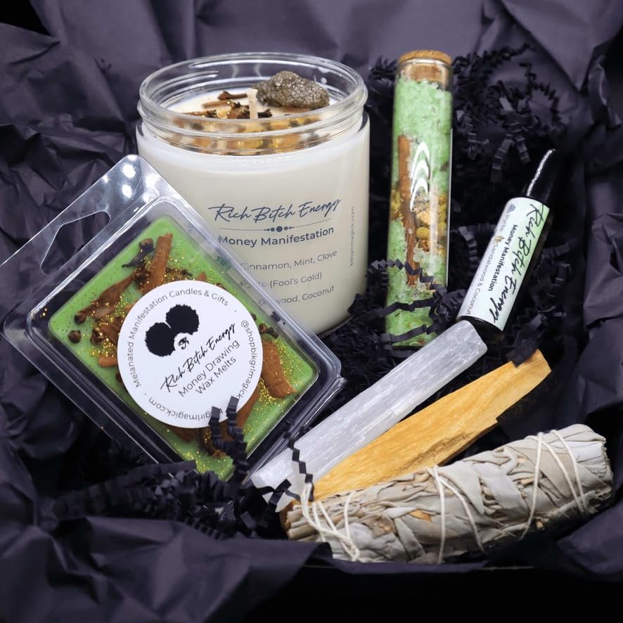 Miniatura 6 de Rich Bitch Energy Pyrite Crystal Candle for Money Manifestation, Creamy Coconut Sandalwood Scented, Mint, Cinnamon, and Clove for Prosperity