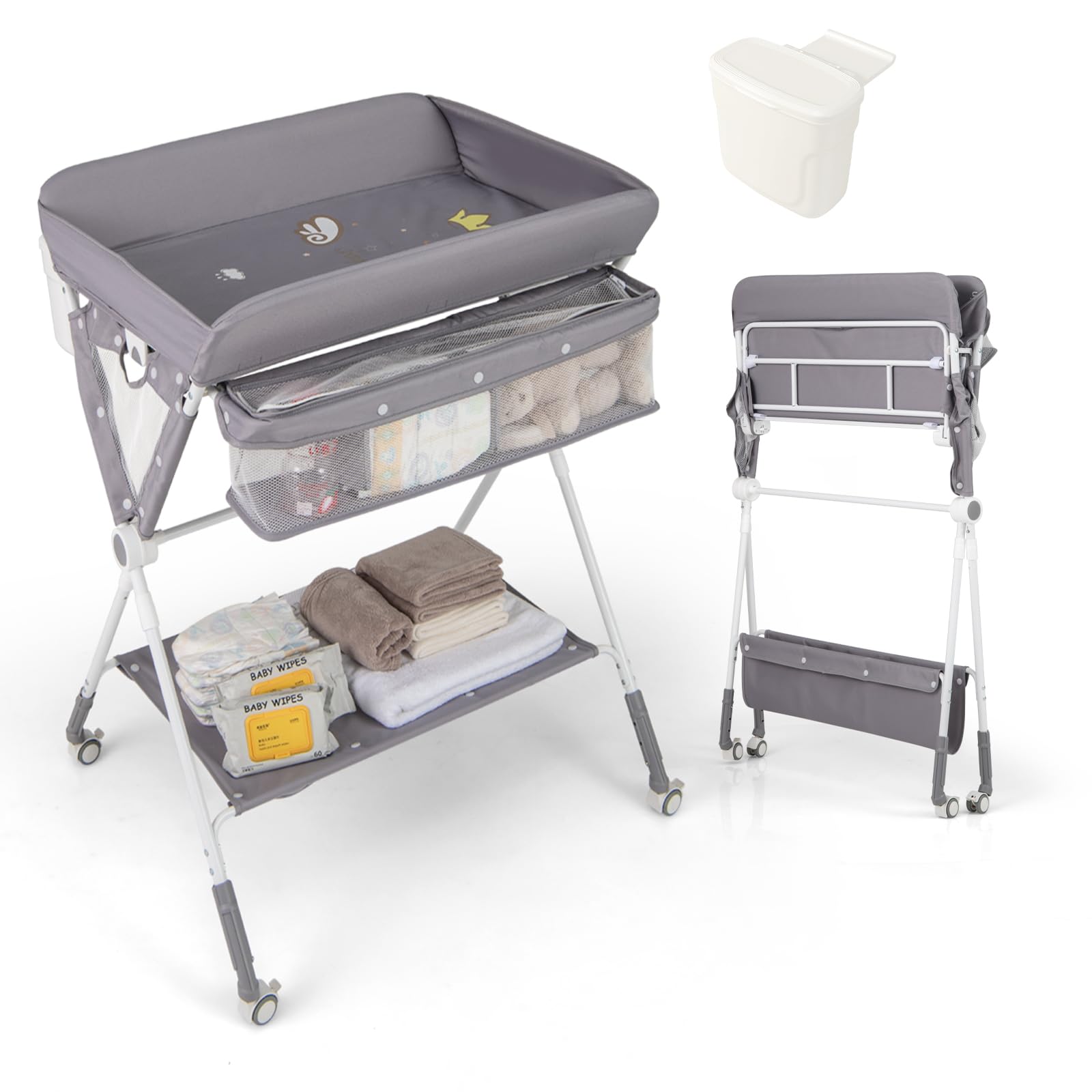 LIFEZEAL Cambiador 3 en 1 para Bebé, Cambiador Plegable con Ruedas, Cambiador de Pañal Ajustable de Tejido Oxford y PP, Capacidad de Carga 15 KG, no incluye bañera (Gris)