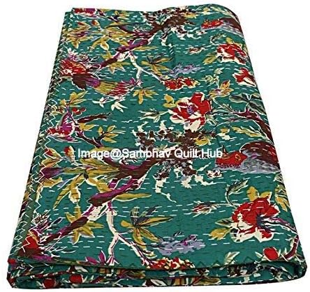Queen/Twin/King Turquoise Handmade Bird Home Decor Bed Bohemian Bird Queen Bedspread Handcrafted Handmade Quilt Kantha Bird Print Cover Unique Blanket Bedding Quilt (60X90 inch)