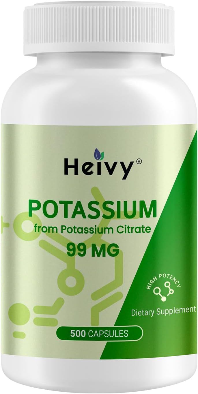 Heivy Potassium Citrate 99mg – 500 Capsules | Potassium Supplement for Electrolyte Support | Vegan, Gluten-Free| Lab Tested | Made in USA Unflavored 500 count (Pack of 1)Exp,062028