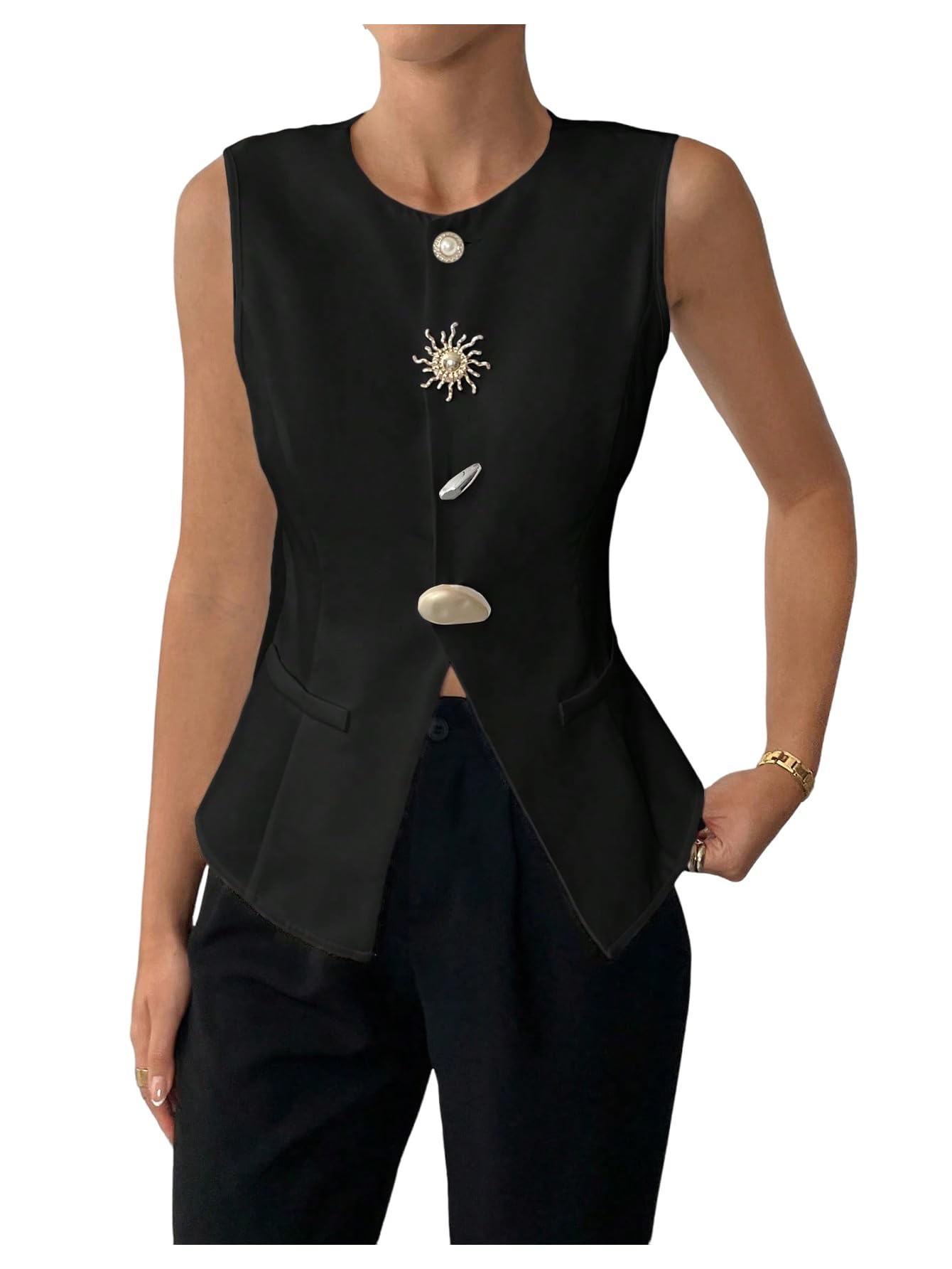 GORGLITTER Womens Metal Pearl Button Up Tank Tops Sleeveless Dressy Business Casual Work Going Out Fitted Tops Trendy