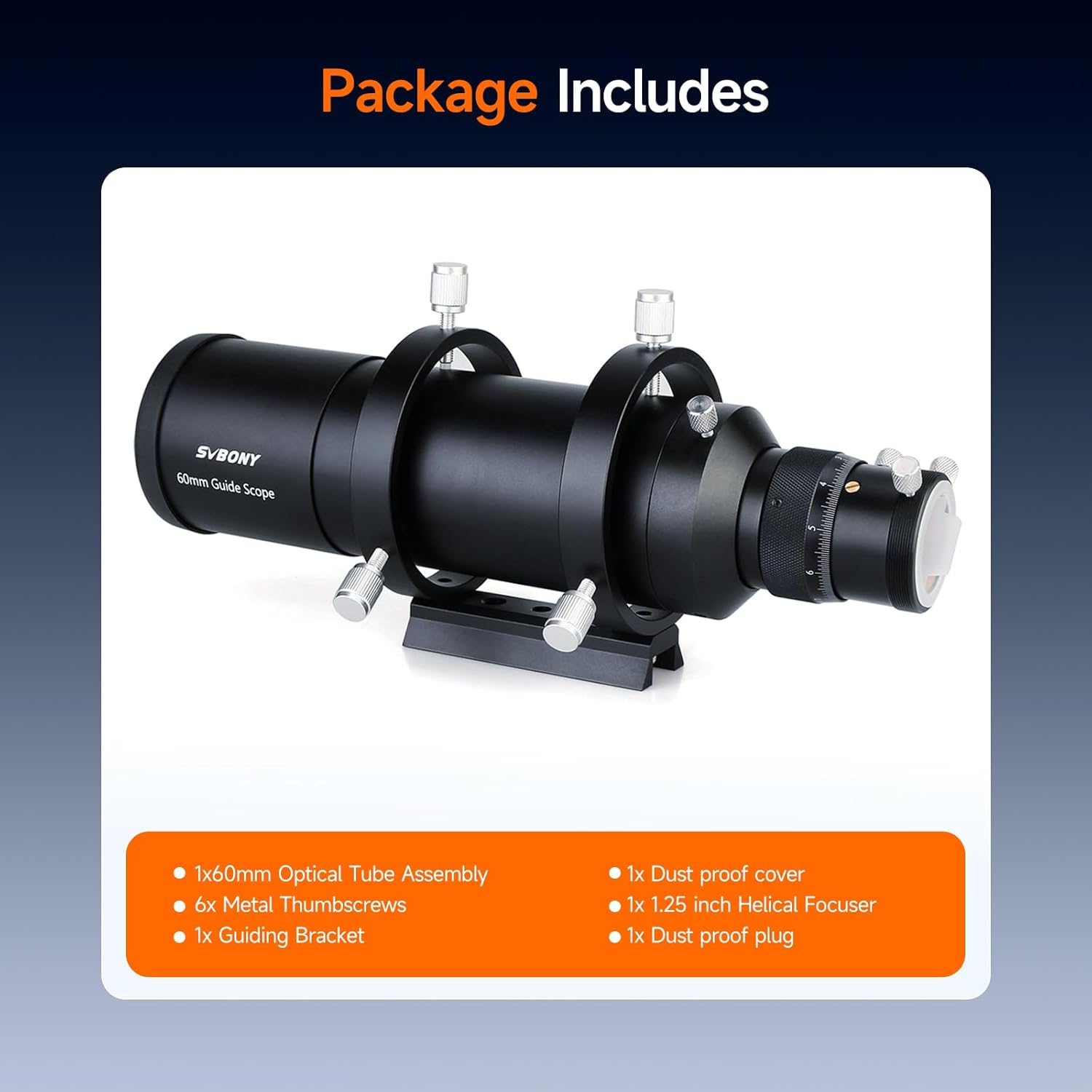 Contents of the SVBONY SV106 guidescope package, including optical tube, thumbscrews, guiding bracket, focuser, and dust covers.